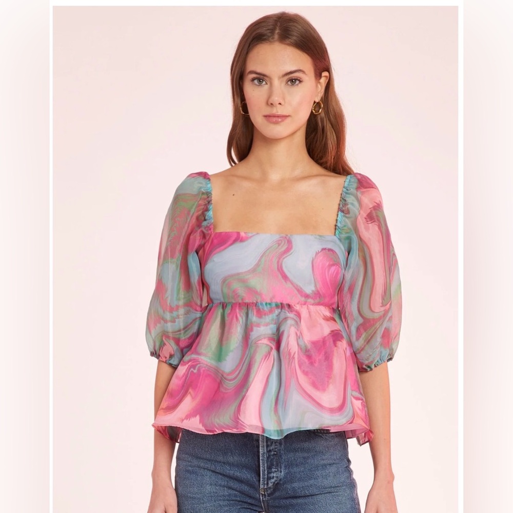 Amanda Uprichard Pink & Seafoam Marble Square-Neck Peplum Top